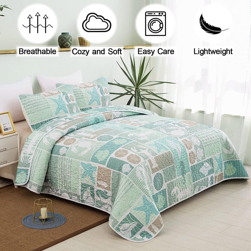 DJY 3 Pieces Quilt Set Full Coastal Green Theme Quilt Coverlet Set Beach Reversible Bedspread with 2 Pillow Shams Soft Microfiber Coastal Bedding Quilt Set for All Season 78""x90"" - Image 2