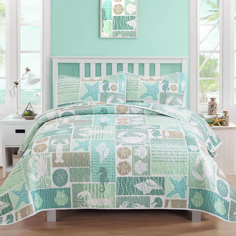 DJY 3 Pieces Quilt Set Full Coastal Green Theme Quilt Coverlet Set Beach Reversible Bedspread with 2 Pillow Shams Soft Microfiber Coastal Bedding Quilt Set for All Season 78""x90"" - Image 1