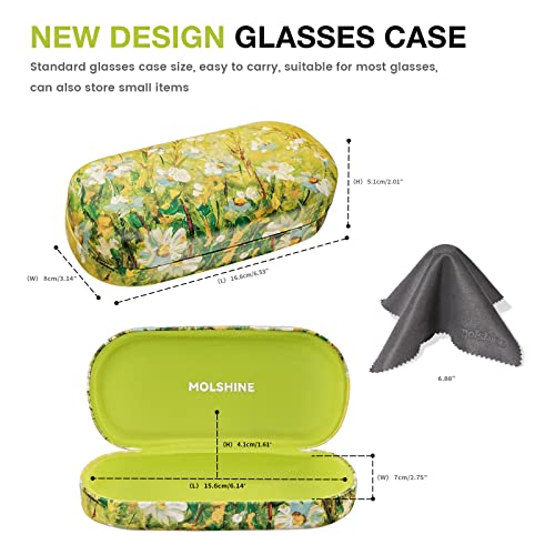 molshine Hard Shell Leather Sunglasses Case,Classic Large Glasses Case for Women Men,Sunglass Eyeglasses (Green Daisy) - Image 2