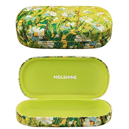 molshine Hard Shell Leather Sunglasses Case,Classic Large Glasses Case for Women Men,Sunglass Eyeglasses (Green Daisy) - Image 1