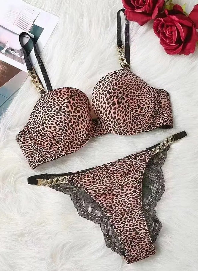 MARGOUN Women 36C Size Push Up Bra Set Soft Breathable Transparent Lace Panties Lingerie Suit Adjustable Women Underwear Leopard Print - Image 1
