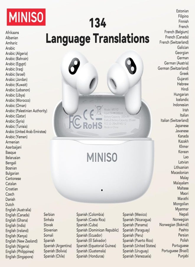 ميني سو سماعات أذن MINISO MS112 بتقنية الذكاء الاصطناعي للترجمة الفورية، تدعم 135 لغة، مزودة بمستشعر لمعدل ضربات القلب، تدعم اللغتين الإنجليزية والإسبانية، سماعات بلوتوث 4 في 1 للترجمة، مثالية للسفر، لون أبيض - Image 4