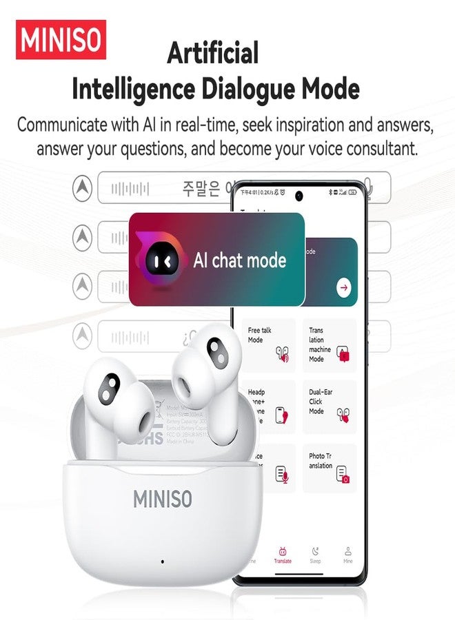 ميني سو سماعات أذن MINISO MS112 بتقنية الذكاء الاصطناعي للترجمة الفورية، تدعم 135 لغة، مزودة بمستشعر لمعدل ضربات القلب، تدعم اللغتين الإنجليزية والإسبانية، سماعات بلوتوث 4 في 1 للترجمة، مثالية للسفر، لون أبيض - Image 3