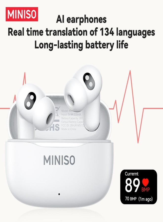 ميني سو سماعات أذن MINISO MS112 بتقنية الذكاء الاصطناعي للترجمة الفورية، تدعم 135 لغة، مزودة بمستشعر لمعدل ضربات القلب، تدعم اللغتين الإنجليزية والإسبانية، سماعات بلوتوث 4 في 1 للترجمة، مثالية للسفر، لون أبيض - Image 2