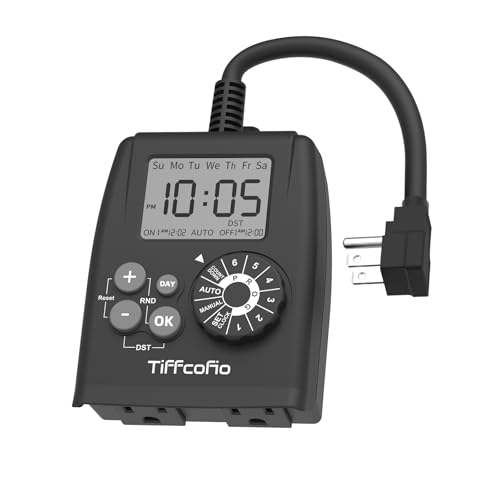 TiFFCOFiO Digital Outdoor Timer Outlet, Dial Programmable Method, Outdoor Light Timer Waterproof, 2 Grounded Electrical Outlets for Pool Pump, 6 Sets of Programs, 15A/1875W (1 Pack) - Image 1