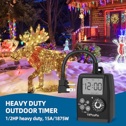TiFFCOFiO Digital Outdoor Timer Outlet, Dial Programmable Method, Outdoor Light Timer Waterproof, 2 Grounded Electrical Outlets for Pool Pump, 6 Sets of Programs, 15A/1875W (1 Pack) - Image 5