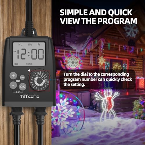 TiFFCOFiO Digital Outdoor Timer Outlet, Dial Programmable Method, Outdoor Light Timer Waterproof, 2 Grounded Electrical Outlets for Pool Pump, 6 Sets of Programs, 15A/1875W (1 Pack) - Image 4