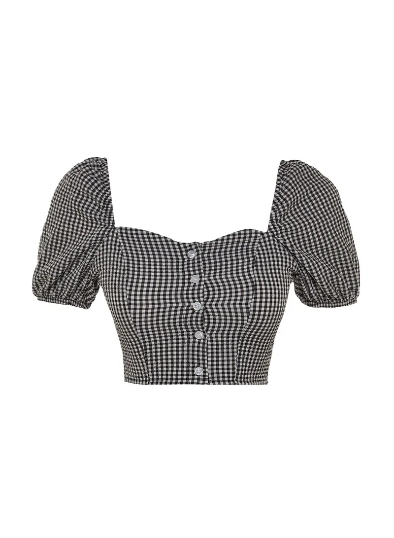 trendyol Gingham Balloon Sleeve Crop Top