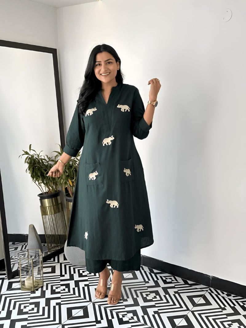 LookMark Women's Cotton Blend Trendy Regular Fit Solid Printed Kurti with Bottom |Kurti Set for Women (AZ-LM-OG-KS2207 Bottle Green-S) - Image 2