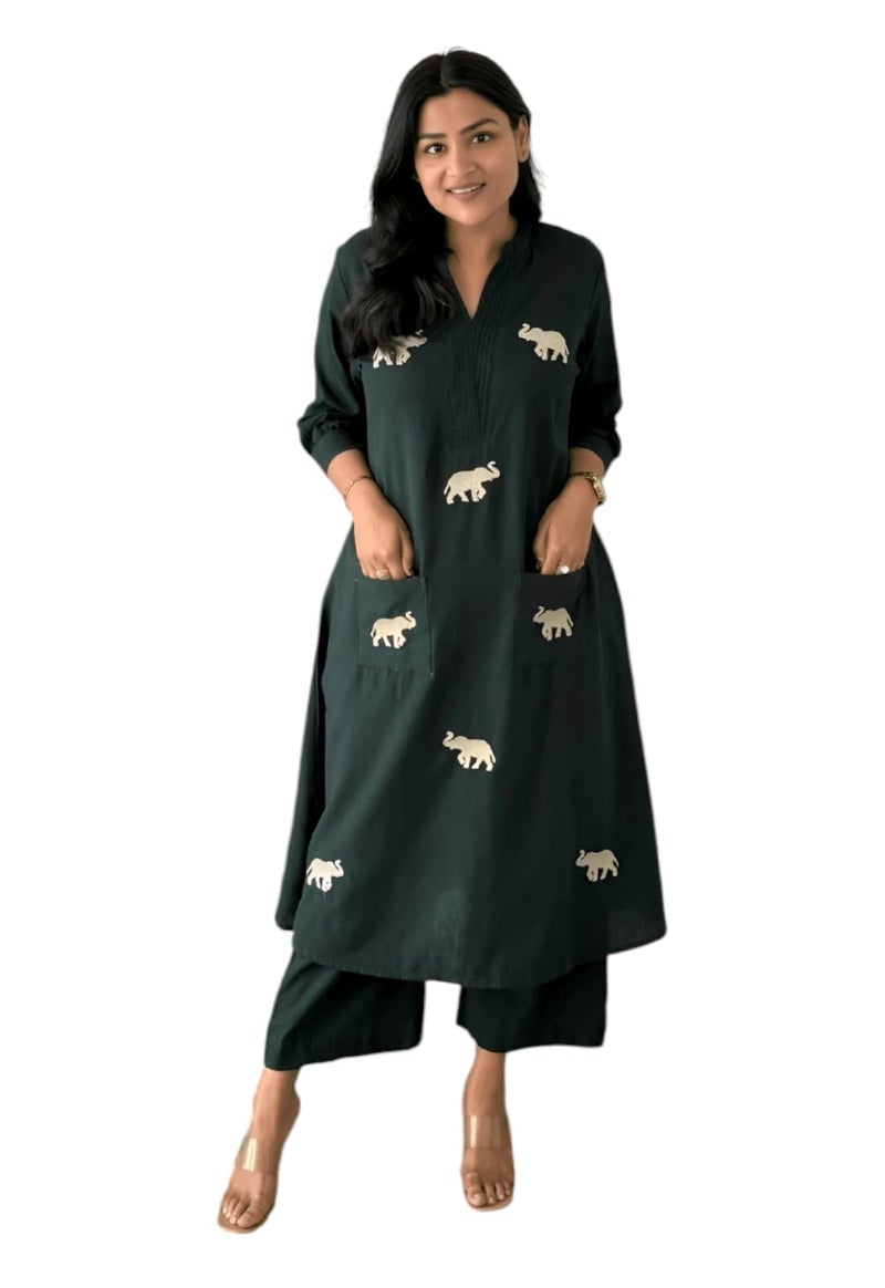 LookMark Women's Cotton Blend Trendy Regular Fit Solid Printed Kurti with Bottom |Kurti Set for Women (AZ-LM-OG-KS2207 Bottle Green-S) - Image 1
