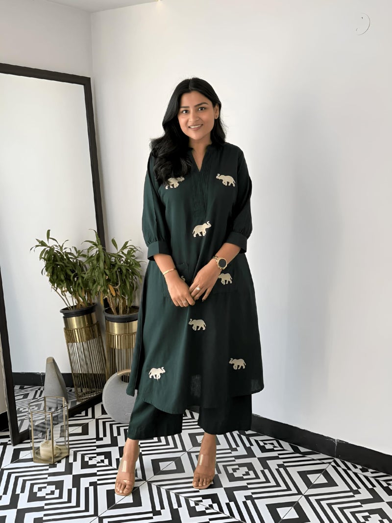 LookMark Women's Cotton Blend Trendy Regular Fit Solid Printed Kurti with Bottom |Kurti Set for Women (AZ-LM-OG-KS2207 Bottle Green-S) - Image 3