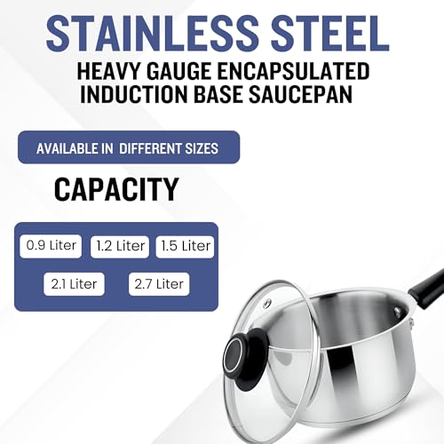 Prabha Sauce Pan with Lid 1.2 Liters 14cm | Induction Base Sauce Pan for Tea | Heavy Gauge Encapsulated Base Induction Bottom Deep Sauce Pan Stainless Steel Tea Pan, Milk Pan, Milk Boiler with Handle - Image 3