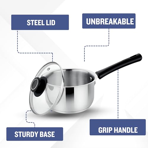 Prabha Sauce Pan with Lid 1.2 Liters 14cm | Induction Base Sauce Pan for Tea | Heavy Gauge Encapsulated Base Induction Bottom Deep Sauce Pan Stainless Steel Tea Pan, Milk Pan, Milk Boiler with Handle - Image 2