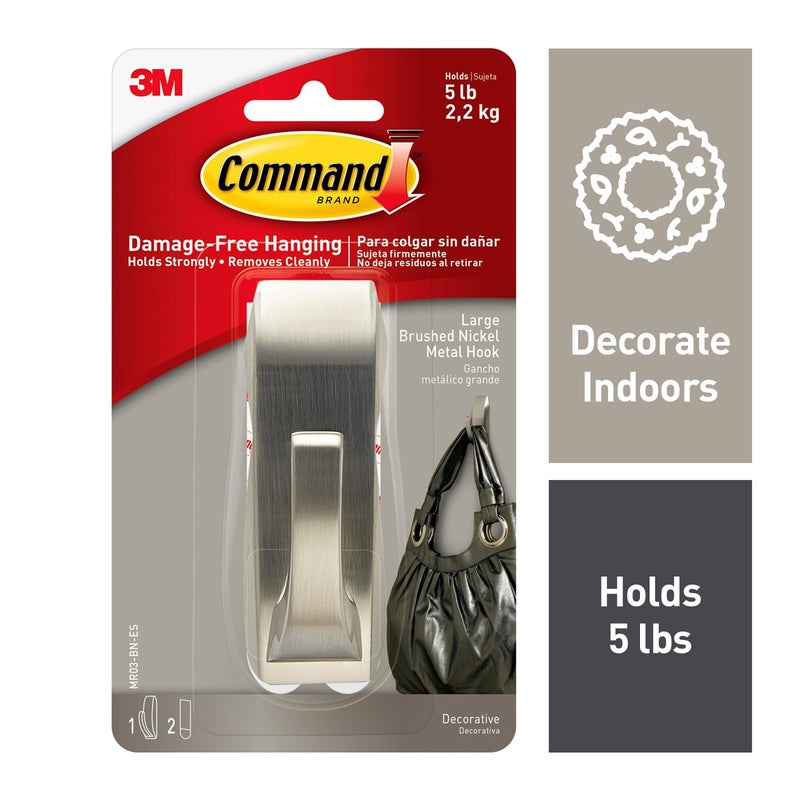 Command Large Modern Reflections Metal Hook, Brushed Nickel, 1-Hook, 2-Strips, Decorate Damage-Free - Image 2