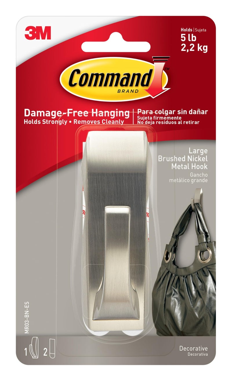 Command Large Modern Reflections Metal Hook, Brushed Nickel, 1-Hook, 2-Strips, Decorate Damage-Free - Image 1