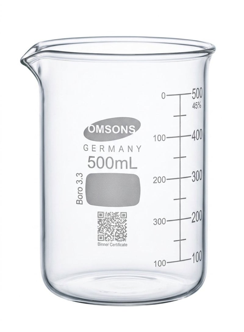 OMSONS Glass Beaker 500ml Borosilicate, Laboratory Measuring Cup Heat Resistant Transparent Lab Beaker with Graduation Marks (Omsons Germany) - Image 1