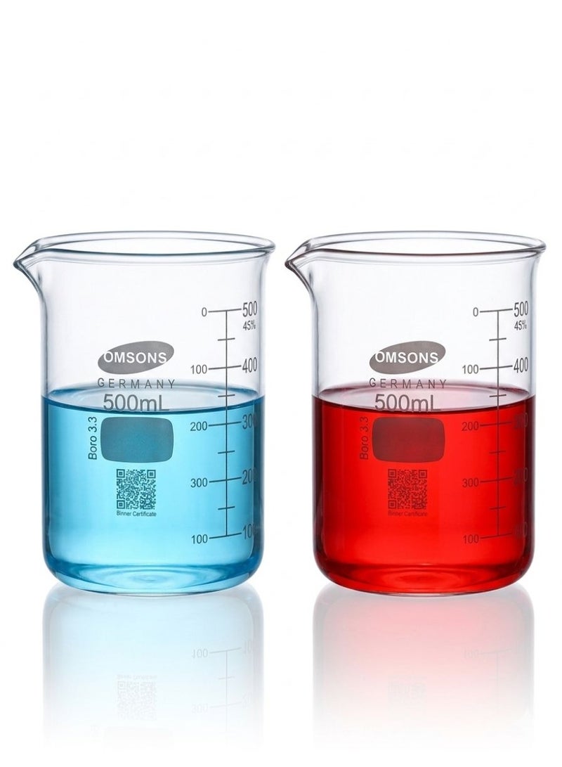 OMSONS Glass Beaker 500ml Borosilicate, Laboratory Measuring Cup Heat Resistant Transparent Lab Beaker with Graduation Marks (Omsons Germany) - Image 2
