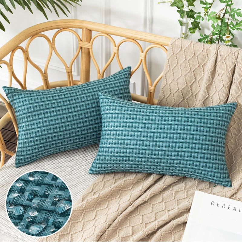 UGS UGASA UGASA Outdoor Waterproof Pillow Covers Pack of 2 Weaving Texture Water Resistant Outside Decorative Pillow Cases for Patio Garden Porch Yard Bench Tent 12x20 Inch  Teal - Image 1