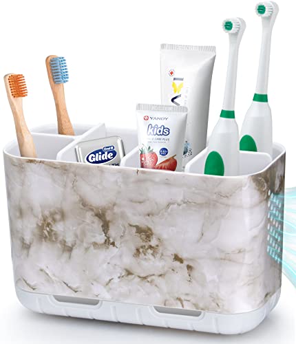 Boperzi Electric Toothbrush Holder for Bathroom Organizer Countertop, Detachable Anti-Slip Toothpaste Storage Caddy 6 Slots White Marble with Drainage Holes for Makeup Brush Razor Stand - Image 1
