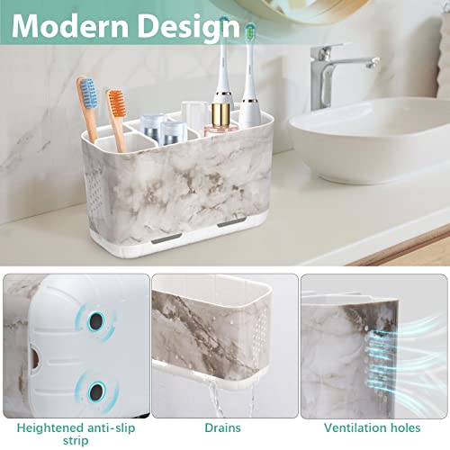 Boperzi Electric Toothbrush Holder for Bathroom Organizer Countertop, Detachable Anti-Slip Toothpaste Storage Caddy 6 Slots White Marble with Drainage Holes for Makeup Brush Razor Stand - Image 2