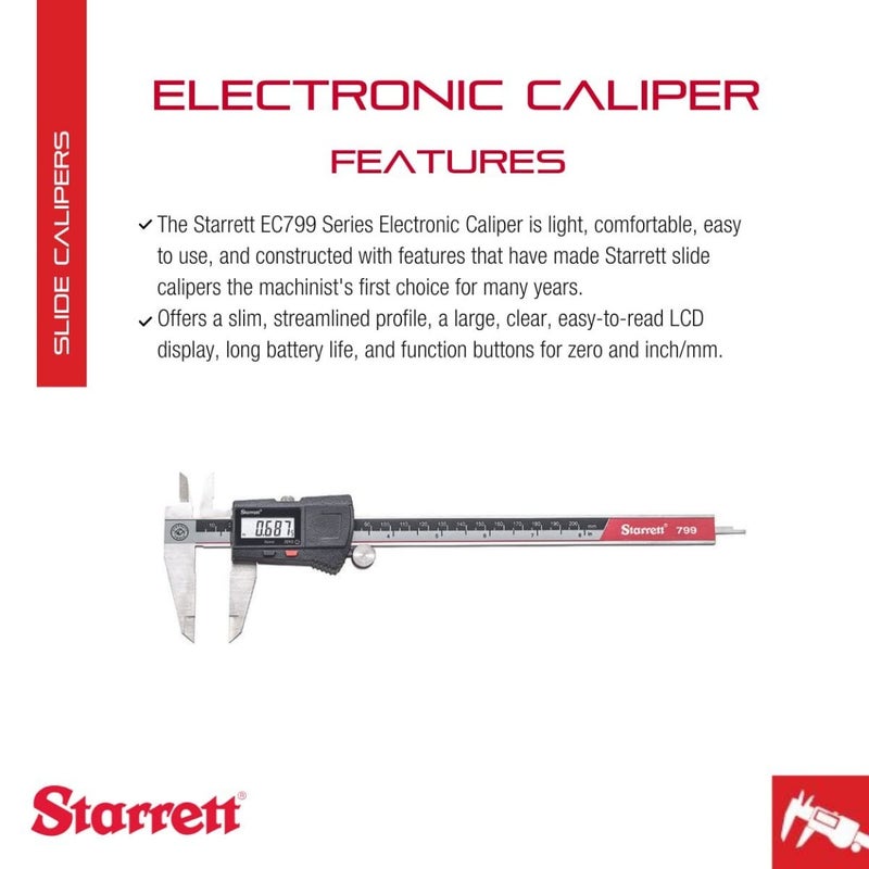 Starrett Starrett Stainless Steel Electronic Slide Caliper  08 Range 0005 Resolution LCD Display Fine Adjustment Thumb Wheel inmm Conversion  EC799A8200  - Image 2