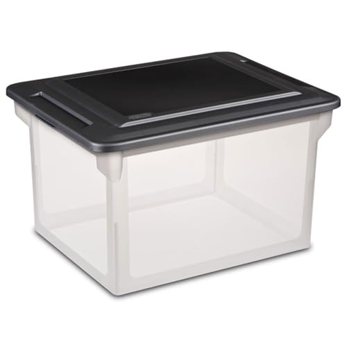 Sterilite File Box Stackable Storage Bin with Lid Plastic Container to Organize Taxes Papers in the Home Office Clear Base with Black Lid 4Pack