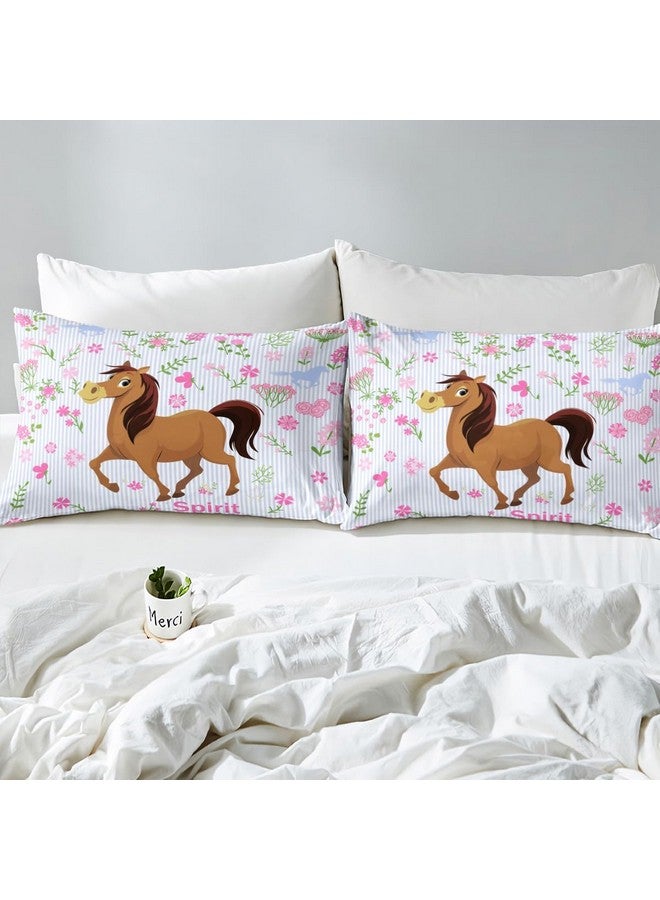 Feelyou Girls Horse Sheet Set Kids Cartoon Farmhorse Floral Bedding Set for Toddler Baby Girl Pink Blue Stripe Bed Sheets Breathable Spirit Horse Animal Bed Sheet Set Room Decor Bed Set Full Size - Image 5