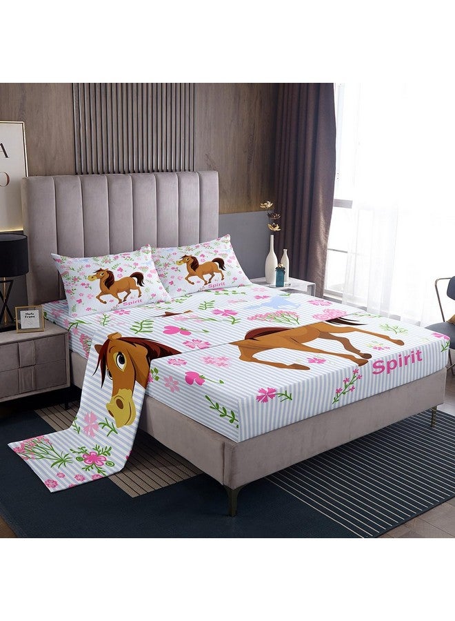 Feelyou Girls Horse Sheet Set Kids Cartoon Farmhorse Floral Bedding Set for Toddler Baby Girl Pink Blue Stripe Bed Sheets Breathable Spirit Horse Animal Bed Sheet Set Room Decor Bed Set Full Size - Image 1