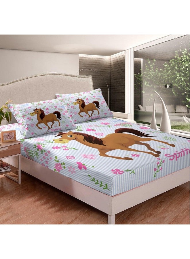 Feelyou Girls Horse Sheet Set Kids Cartoon Farmhorse Floral Bedding Set for Toddler Baby Girl Pink Blue Stripe Bed Sheets Breathable Spirit Horse Animal Bed Sheet Set Room Decor Bed Set Full Size - Image 2