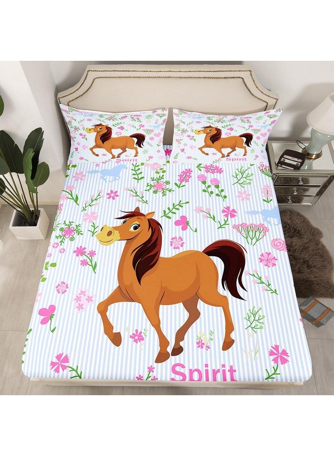 Feelyou Girls Horse Sheet Set Kids Cartoon Farmhorse Floral Bedding Set for Toddler Baby Girl Pink Blue Stripe Bed Sheets Breathable Spirit Horse Animal Bed Sheet Set Room Decor Bed Set Full Size - Image 3