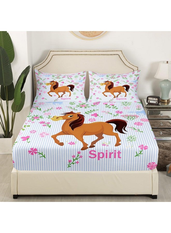 Feelyou Girls Horse Sheet Set Kids Cartoon Farmhorse Floral Bedding Set for Toddler Baby Girl Pink Blue Stripe Bed Sheets Breathable Spirit Horse Animal Bed Sheet Set Room Decor Bed Set Full Size - Image 4
