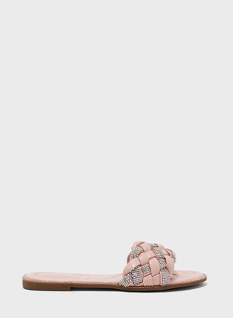 Truffle Metallic Weaved Strap Flat Sandal
