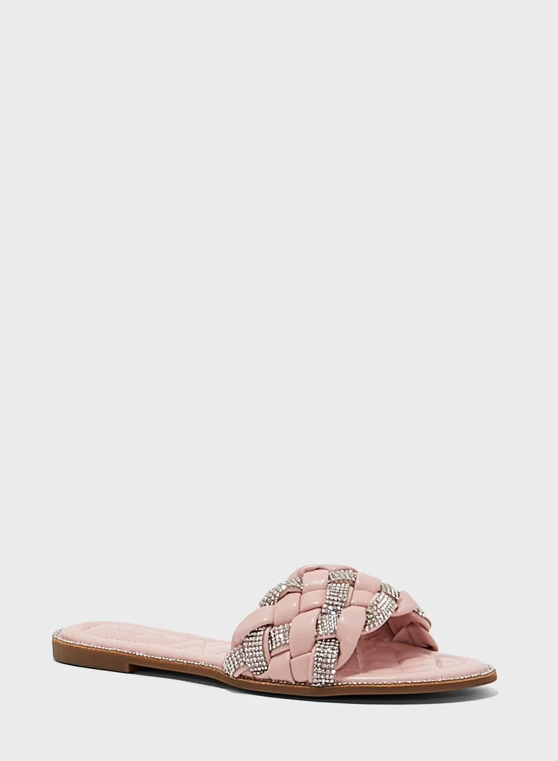Truffle Metallic Weaved Strap Flat Sandal