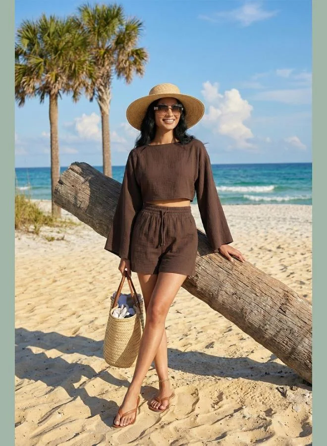 ليلا Lela Cotton Comfort Fit Round Neck Muslin Set with Shorts for Women SET 5866317