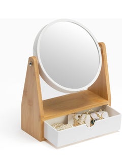 YEAKE Vanity Makeup Mirror with Natural Bamboo Stand, 1X/3X Double Sided Magnifying Mirror with Drawer,Portable Small Table Desk Countertop Mirror, Bathroom Shaving Mirror(Round)