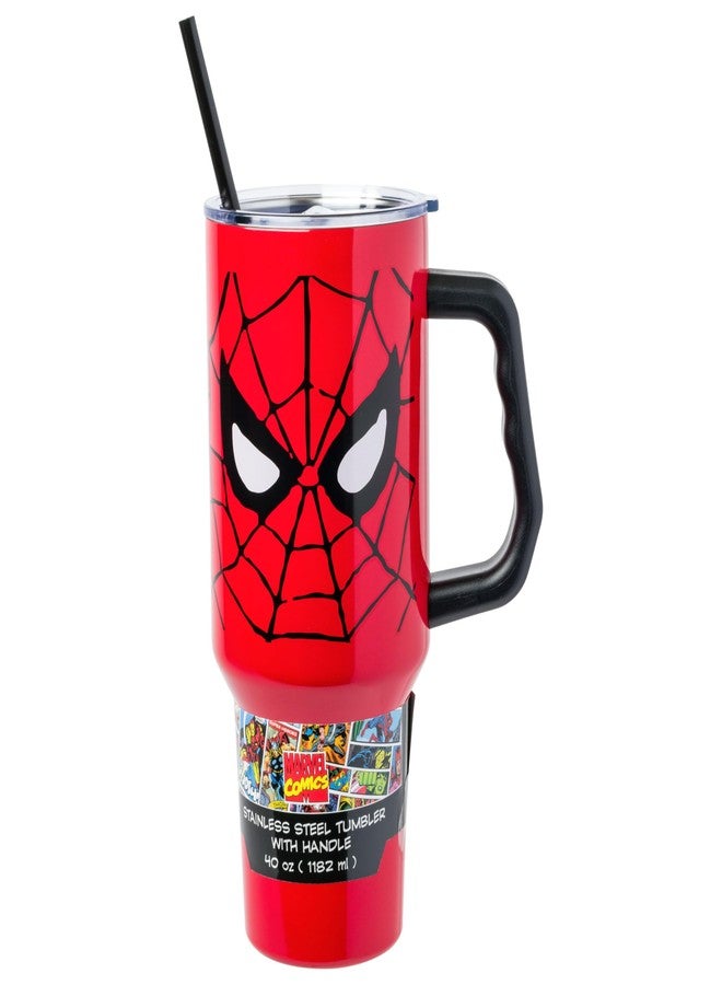 Silver Buffalo Marvel Avengers Spider-Man Stainless Steel Tumbler with Handle and Straw, Fits in Standard Cup Holder, 40 Ounces - Image 1