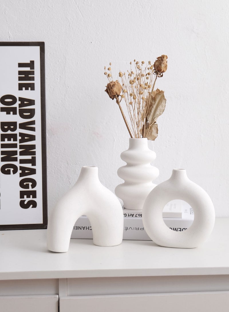 وين هولدر طقم مزهريات سيراميك أبيض من 3 قطع، مزهريات زهور صغيرة لعشب البامباس، مزهريات بوهو حديثة للديكور، مزهريات بيضاء مستديرة للقطع المركزية لغرفة المعيشة في غرفة المعيشة في غرفة الزفاف، طاولة قهوة طاولة عشاء - Image 2