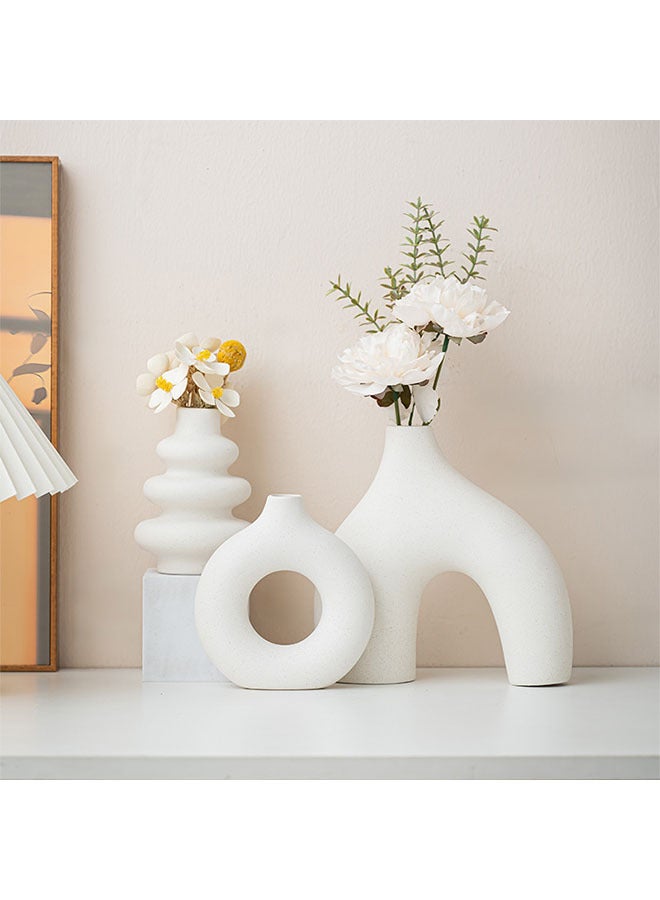 وين هولدر طقم مزهريات سيراميك أبيض من 3 قطع، مزهريات زهور صغيرة لعشب البامباس، مزهريات بوهو حديثة للديكور، مزهريات بيضاء مستديرة للقطع المركزية لغرفة المعيشة في غرفة المعيشة في غرفة الزفاف، طاولة قهوة طاولة عشاء - Image 1