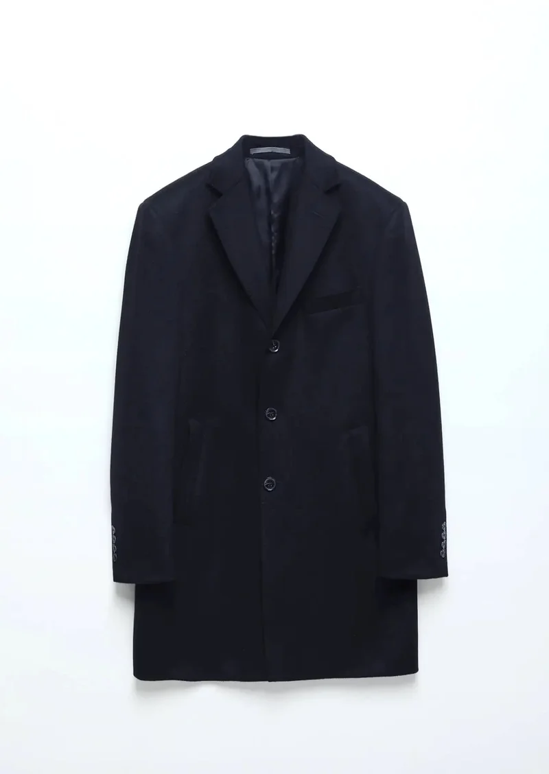 RAMSEY Navy Blue Regular Fit Butterfly Collar Classical Weaving Overcoat