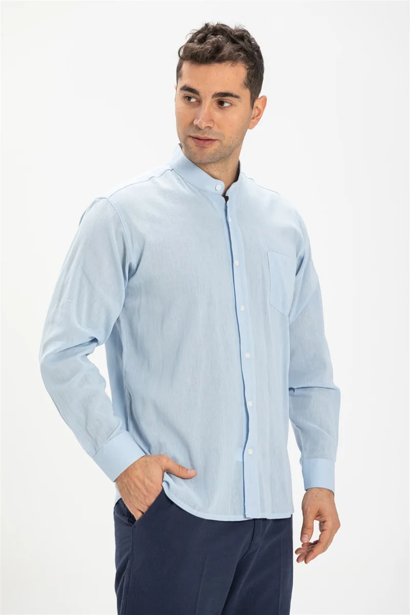 اليش شيل بيزي Long Sleeve Şile Cloth Classic Collar Single Pocket Men's Shirt Ice Blue 3027