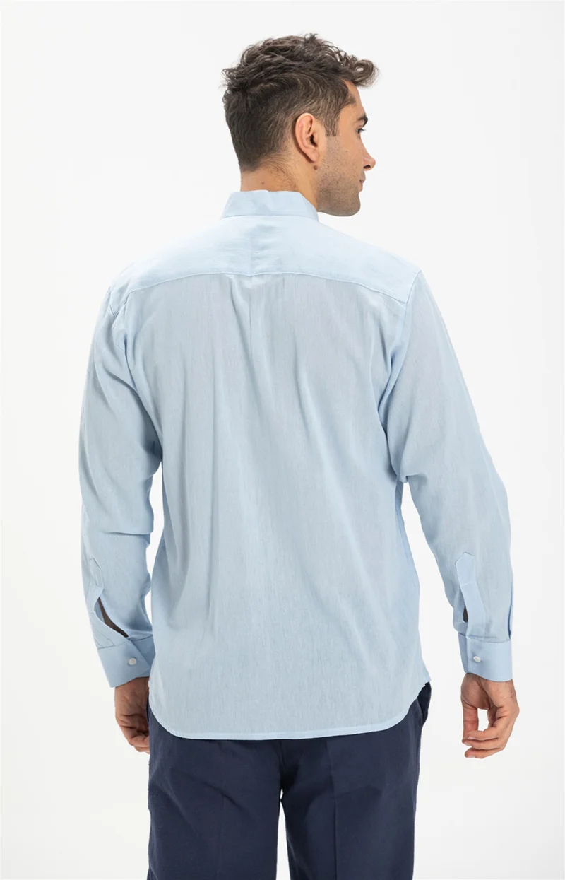 اليش شيل بيزي Long Sleeve Şile Cloth Classic Collar Single Pocket Men's Shirt Ice Blue 3027