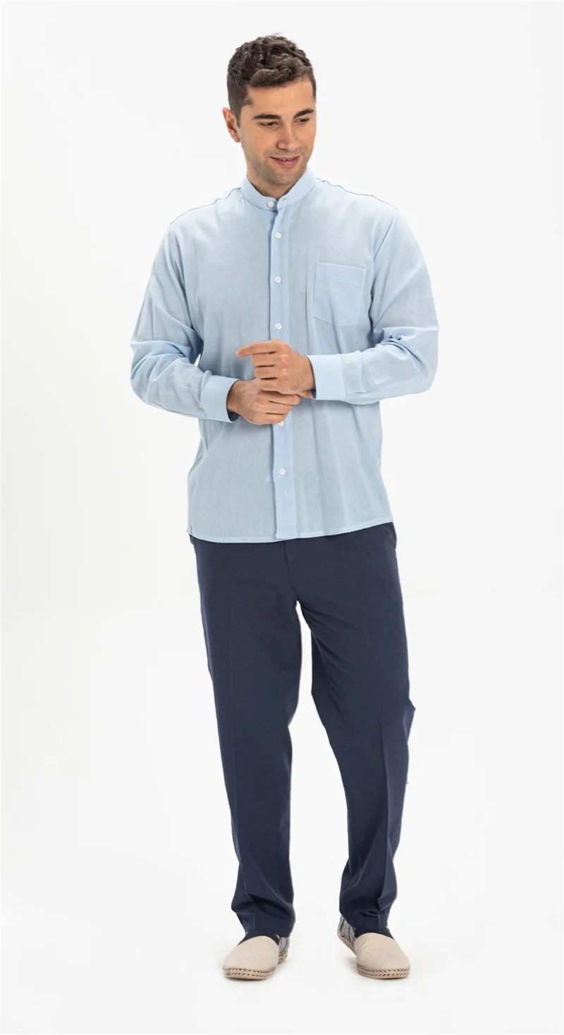 اليش شيل بيزي Long Sleeve Şile Cloth Classic Collar Single Pocket Men's Shirt Ice Blue 3027