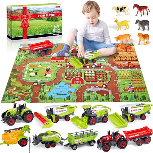 Oriate Farm Tractor Set 34 Piece Die Cast Vehicle Value Playset Large Size 48 Tractors Toy Kids Birthday Gift Farm Play Mat Tractors Animals Trailer Toys Farm Equipment Accessories - Image 1