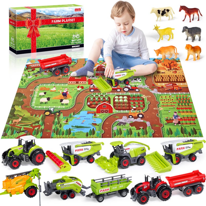 Oriate Farm Tractor Set 34 Piece Die Cast Vehicle Value Playset Large Size 48 Tractors Toy Kids Birthday Gift Farm Play Mat Tractors Animals Trailer Toys Farm Equipment Accessories - Image 2