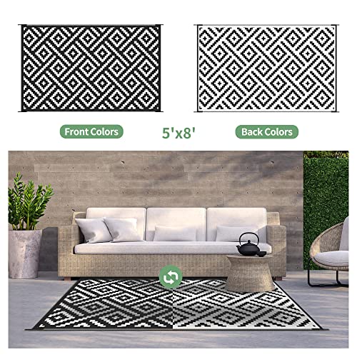 GENIMO 5x8 Outdoor Rug Waterproof, Reversible Mats, Outdoor Area Rug, Plastic Outside Carpet, Geometric Rv Mat for Patio Camping Rv Picnic Backyard Deck Balcony Porch Beach Trailer (Black & White) - Image 4