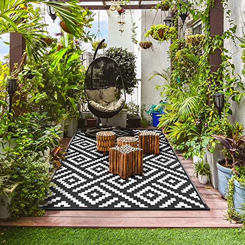 GENIMO 5x8 Outdoor Rug Waterproof, Reversible Mats, Outdoor Area Rug, Plastic Outside Carpet, Geometric Rv Mat for Patio Camping Rv Picnic Backyard Deck Balcony Porch Beach Trailer (Black & White) - Image 3