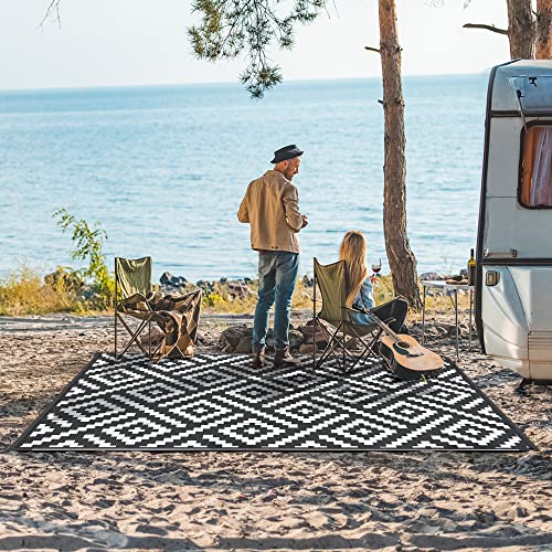 GENIMO 5x8 Outdoor Rug Waterproof, Reversible Mats, Outdoor Area Rug, Plastic Outside Carpet, Geometric Rv Mat for Patio Camping Rv Picnic Backyard Deck Balcony Porch Beach Trailer (Black & White) - Image 2