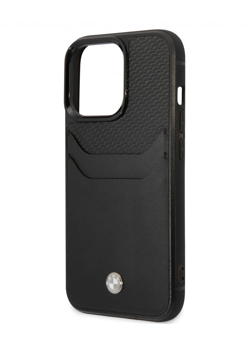 BMW iPhone 14 Pro Max Case Signature Collection Genuine Leather Back Cover with Card slot Embossed Pattern - Black  - Image 5