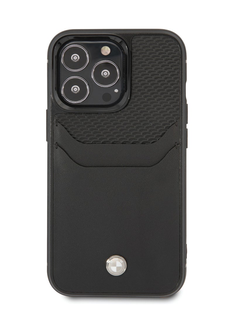 BMW iPhone 14 Pro Max Case Signature Collection Genuine Leather Back Cover with Card slot Embossed Pattern - Black  - Image 1