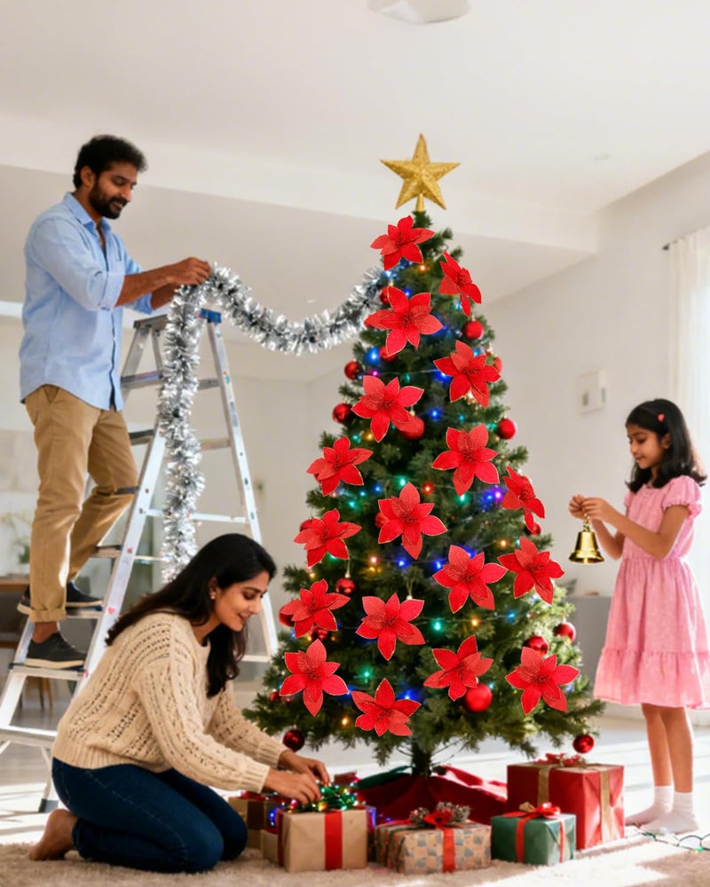 BAOTUJIA 11.81 inch Big Christmas Poinsettias Flowers Decoration Artificial Flowers for Christmas Tree Ornaments, Suitable for Home Xmas Decorations Items Wreath Making Red - Image 4
